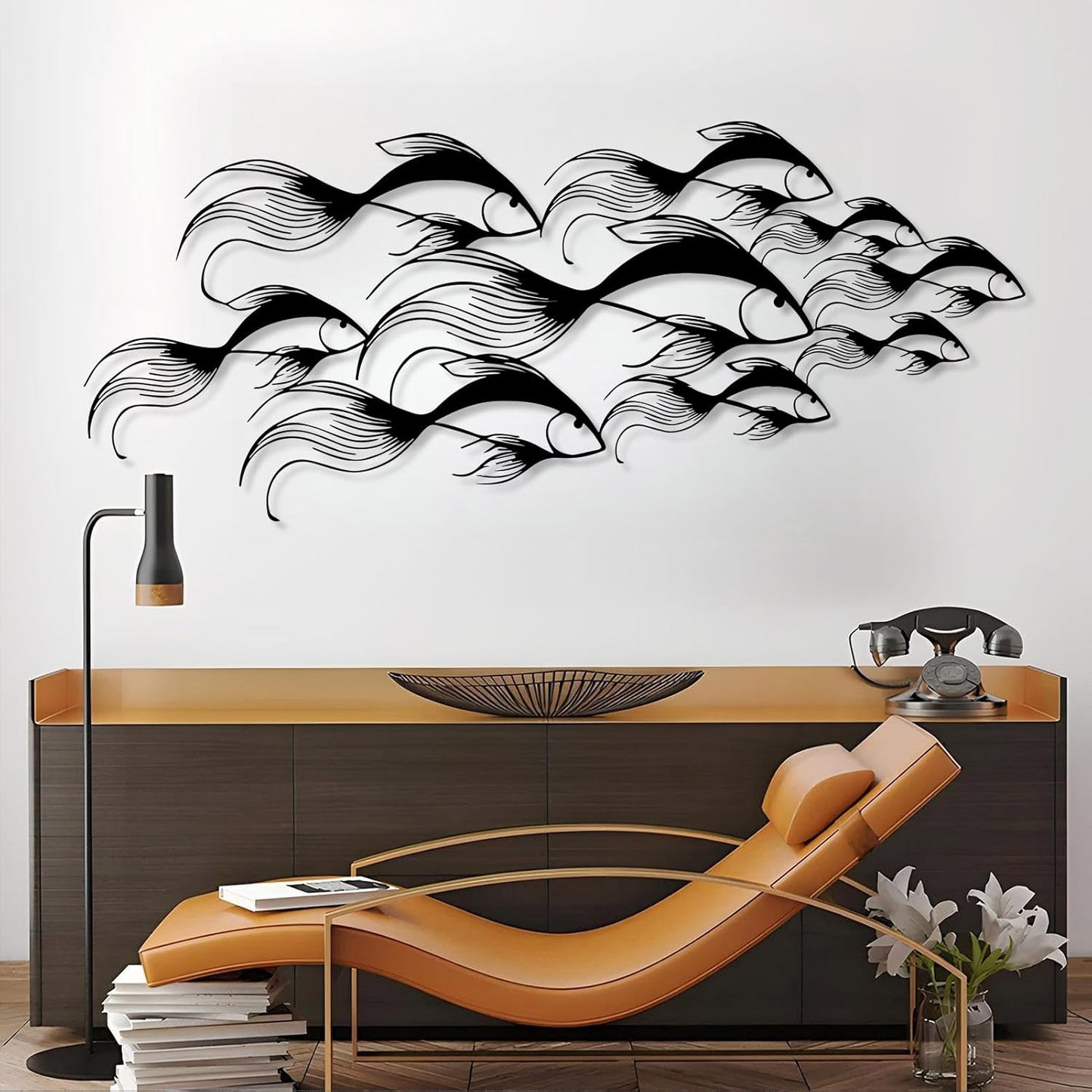 School of Fish Metal Wall Art, Metal Fish Wall Decor, Sea Life Wall Art, Large Nautical Wall Hanging, Modern Beach House Wall Decor, Ocean Themed Artwork for Bathroom (Silver, 35"x15" | 90x38cm)