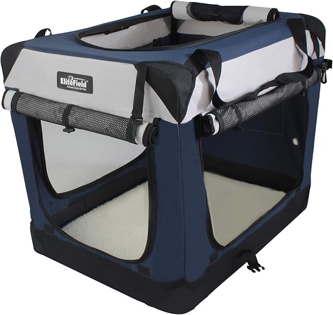 EliteField 4-Door Folding Soft Dog Crate with Curtains, Carrying Bag and Fleece Bed (2 Year Warranty), Indoor & Outdoor Pet Home (20" L x 14" W x 14" H, Navy Blue+Gray)
