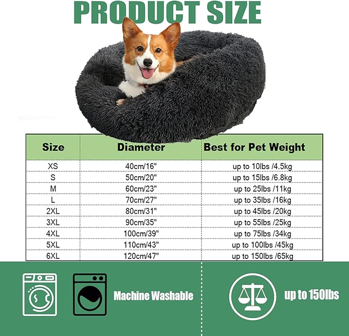 Calming Faux Fur Dog Beds Calming Donut Cuddler Dog Bed Washable Round Cat Bed Pillow Cuddler Fluffy Indoor Dog Calming Beds with Anti Slip Bottom Solid Color Purple 47 Inch