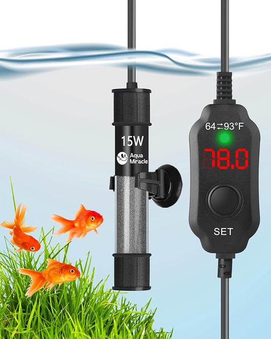 AquaMiracle Adjustable 15W Aquarium Heater Submersible Fish Tank Heater Super Short Aquarium Heater with LED Digital Display Thermostat, for Tanks 1-3 Gallons