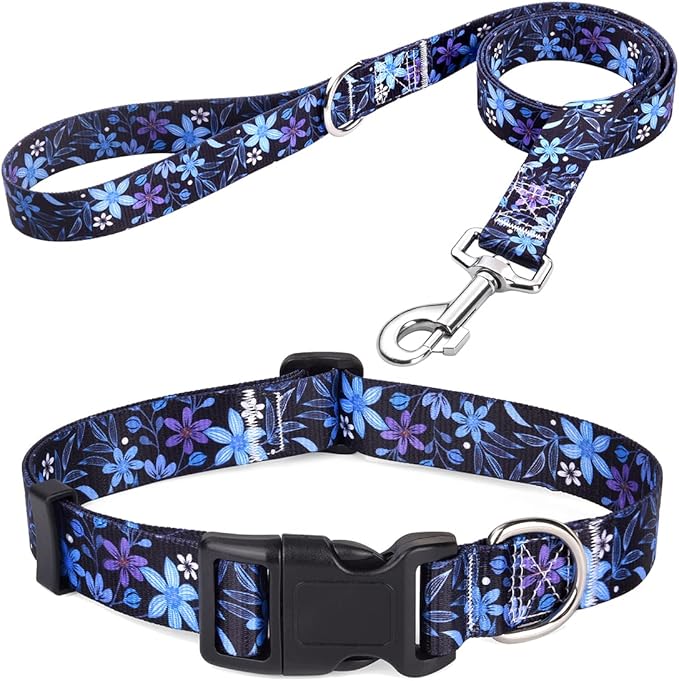 Dog Collar and Leash Set with Bohemia Floral Tribal Geometric Patterns - Soft Ethnic Style Collar Adjustable for Small Medium Large Dogs(Blue Floral Set,M)