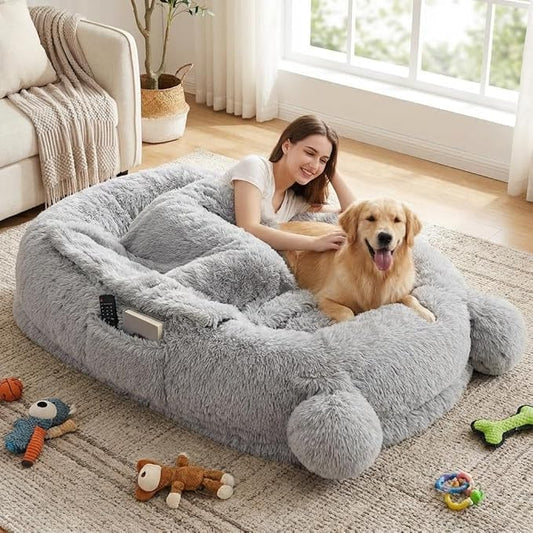 GarveeHome Human Sized Dog Bed, 71" x 45" x 12" Large Dog Bed with 2 Storage Pockets, Fluffy Faux Fur Orthopedic Pet Bean Bed for Adults & Giant Pets - Grey