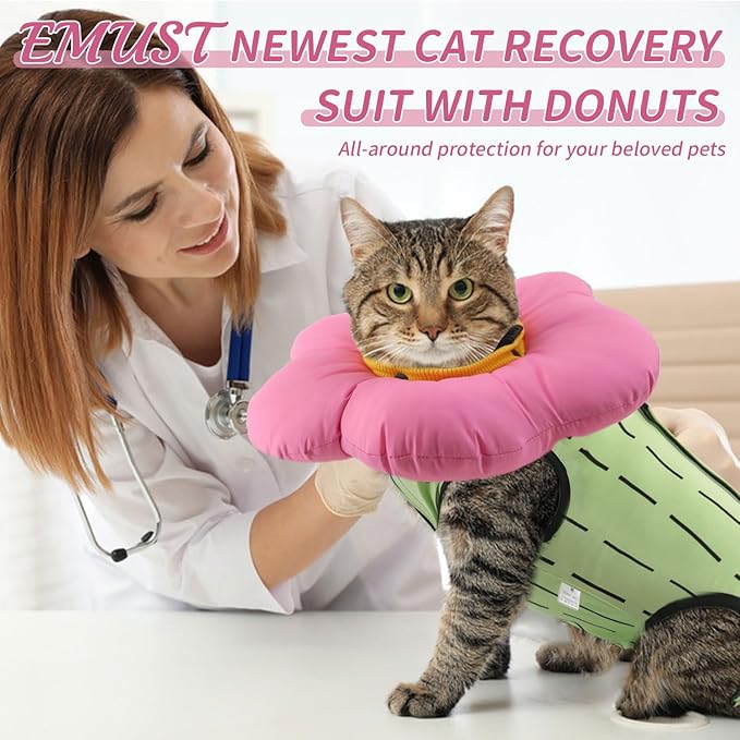 EMUST 2PCS Cat Recovery Suit and Cone Collar - Breathable Spay Suit, Adjustable Soft E Collar Alternative for Cats After Surgery - Green, L (8-16lb)