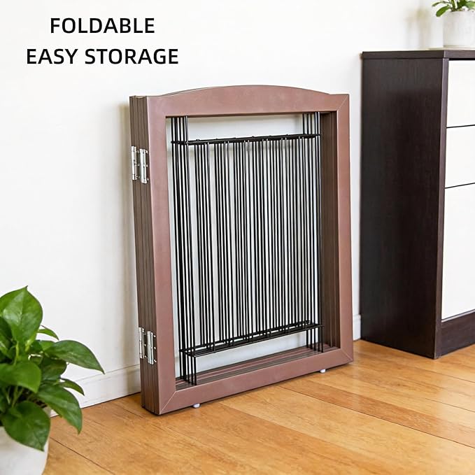 ZJSF Freestanding Foldable Dog Gate for House Extra Wide Wooden Brown Puppy Gate Stairs Dog Gates Doorways Tall Pet Gate 32 "Height 6 Panels Pet Fence