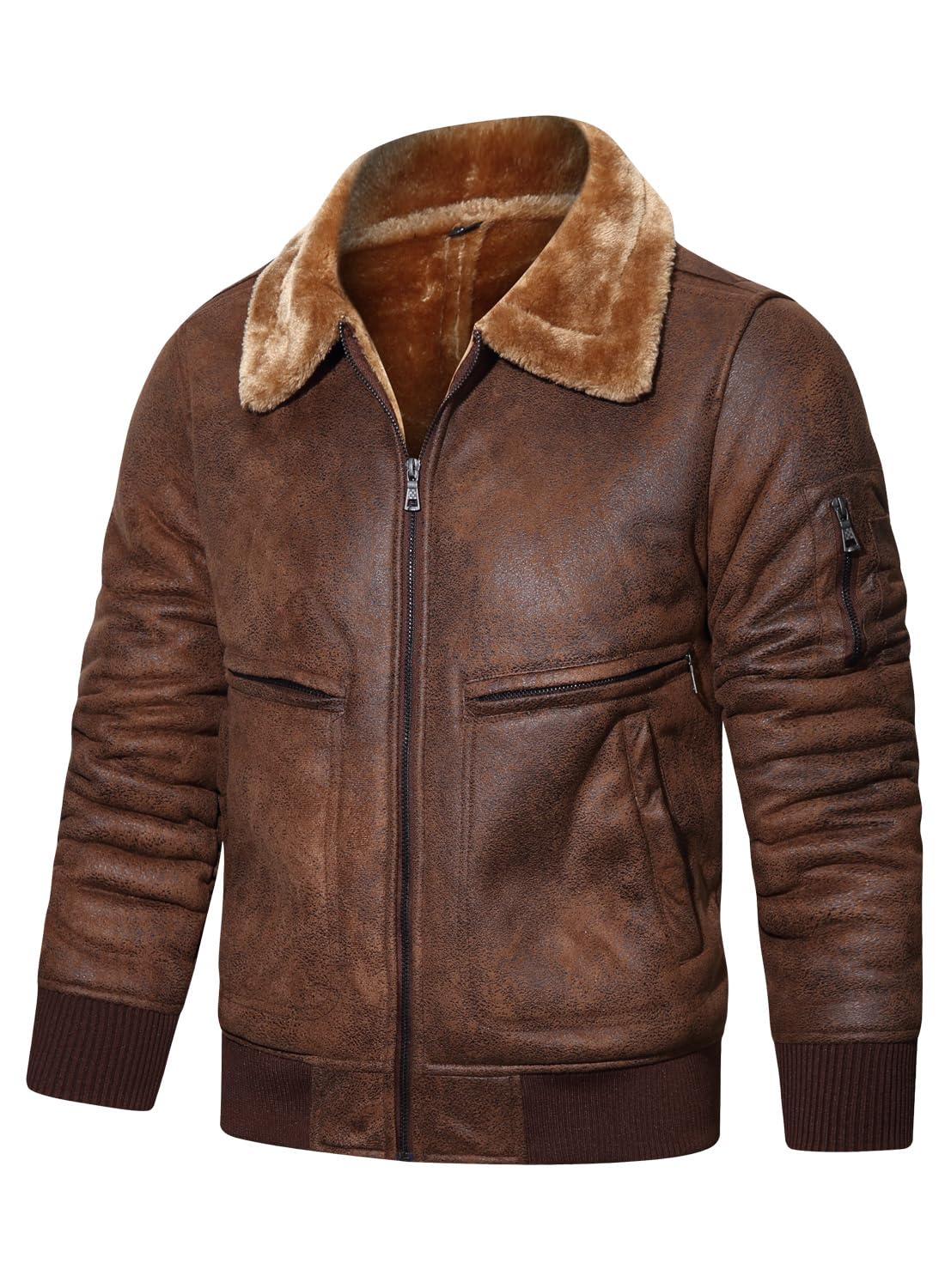 HOOD CREW Men’s Faux Fur Leather Jacket Autumn Winter Fleece Lined Coat Vintage Bomber Jacket Brown 2XL