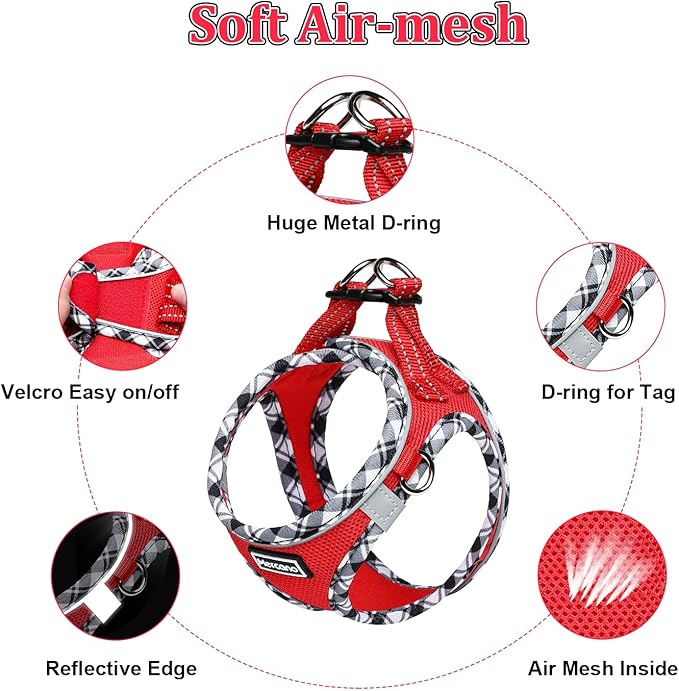 Mercano Soft Mesh Dog Harness and Leash Set, No-Chock Step-in Reflective Breathable Lightweight Easy Walk Vest Harnesses with Safety Buckle for Small Dogs, Cats (Red, S)