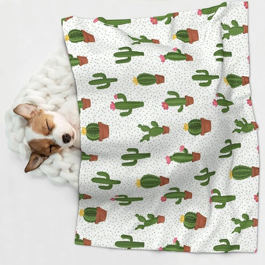 Two Sided Pet Cuddler Blanket for Anxiety Calming, Cactus Floral Bloom Flower Summer Tropical Watercolor, Reversible Plush Design with Bubble Dot Pattern Provides Familiar Surface Anywhere