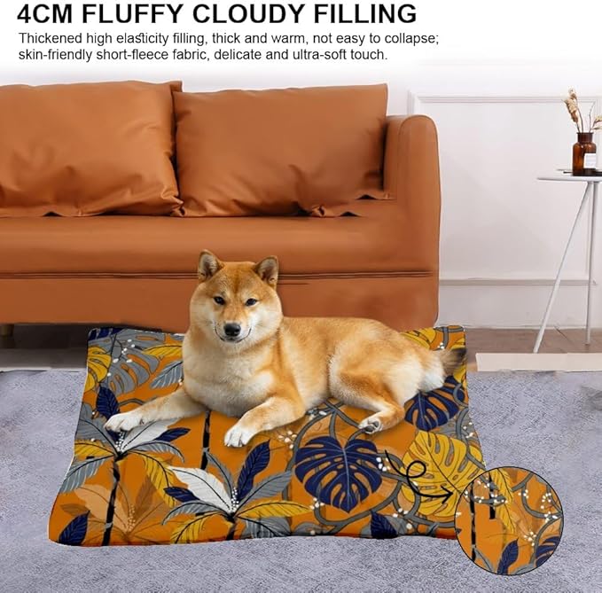 Brown Jungle Leaves Dog Beds and Furniture Cage Mat for Dog Crate Bed Pad Crate Beds for Medium Dogs Washable Non-Slip Puppy Bed Washable Mats Pillows Large Dogs Indoor Outdoor 36X24 Inch