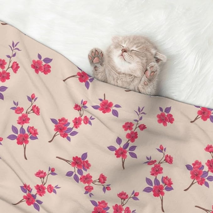 Double Sided Plush Pet Blanket with Cozy Dot Texture and Smooth Reverse, Cherry Flower Seamless Flowers Pattern, Reversible Throw for Dogs Cats on Couches Beds Crates
