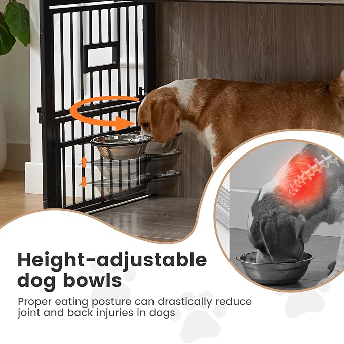 38 Inch Heavy Duty Dog Crate Furniture for Medium Dogs, Decorative Pet House End Table with 3 Doors & Adjustable Bowls, Wooden Cage Kennel Furniture Indoor, Rustic Brown
