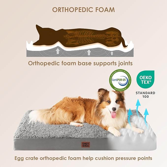 EHEYCIGA Orthopedic Foam Dog Bed, XXL, 47"L x 29"W x 3.5"Th, Light Grey