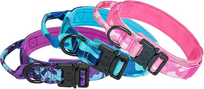 Hotsky Tactical Dog Collar, Adjustable Military Training Nylon Airtag Collar with Handle and Heavy Duty Metal Buckle for Medium Large Dogs, with Airtag Holder and Two Patches （Pink Camo,L）