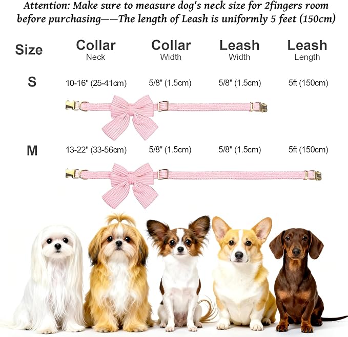 Dog Collar and Leash Set with Bowtie, Girl Dog Collars Metal Buckle Adjustable for Small Medium Dogs (Blue, S: Neck 10"-16" Leash 5 FT)