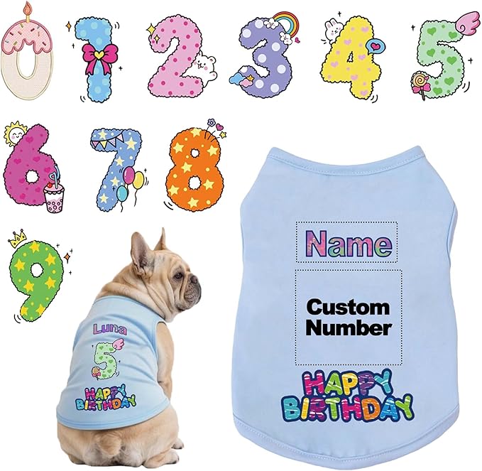 Custom Dog Birthday Shirt,Personalized Pet Apparel Print with Name Age Number,Pet Birthday Outfit,Lightweight Breathable Cotton Vest for Small Medium Large Dogs Cat (Blue, 6X-Large)