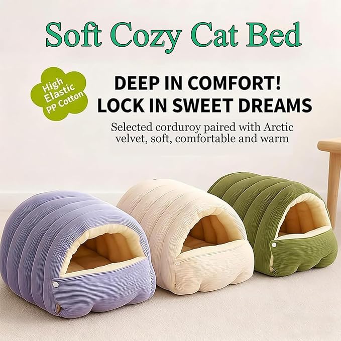 Expectation Cat Bed, Removable and Washable Winter Closed-Off Cat Bed, Soft Fluffy Warm Autumn/Winter Cats House, Washable Non-Slip Pet Sleeping Bag for Indoor Cats Small Dogs (Beige,Large)