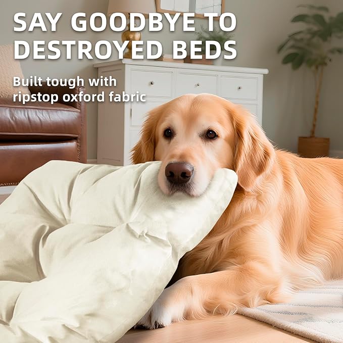 Chew Resistant Dog Bed for Large Dogs - Durable 41"x27" Kennel Pad with Soft Plush Filling, Machine Washable Crate Mat for Aggressive Chewers, Indoor Outdoor Pet Bed, Beige