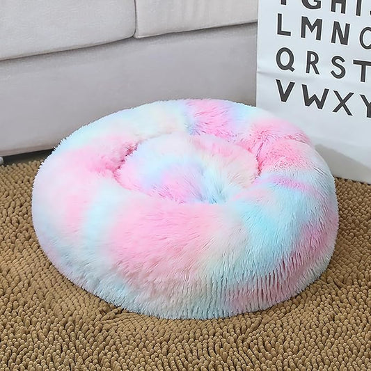 Calming Dog Bed for Small Dogs, Calming Donut Cuddler Pet Bed Anti Anxiety Round Dog Bed Fluffy Plush Faux Fur Cat Bed,Colorful Pink,15.7IN