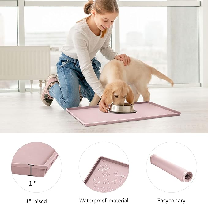 Dog Food Mat,Silicone Waterproof Food Tray,Non Slip Pet Bowl Mats Placemat,1" Raised Edge,Suitable for Most Small and Medium Sized Pets,32" x 24"