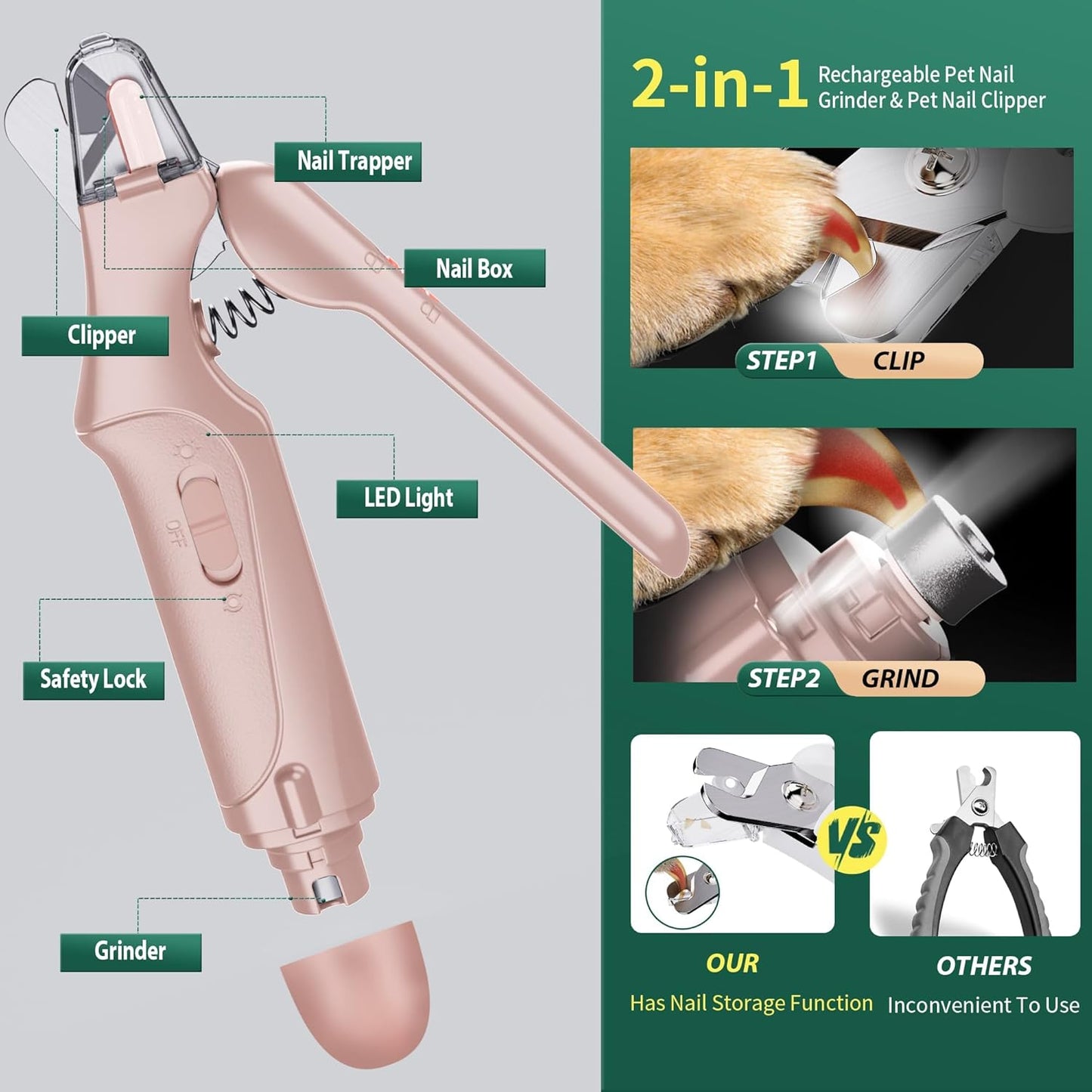 Dog Nail Clippers & Cat Nail Clipper with Catcher, 2 in 1 Dog Nail Trimmers & Grinder with Light for Large Small Dogs Cats,Silent Groom Pro Claw Trimmer, Rechargeable Dogs Nails Grinder Quiet
