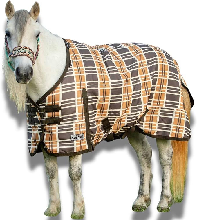 Jeffers Pony Poppins Solaris 1200 Denier Turnout Blanket Brown & Cream Plaid 60" - Waterproof, Breathable Horse Blanket with 0 gram Polyfill, No Insulation, Ideal Protection for Wind & Rain,