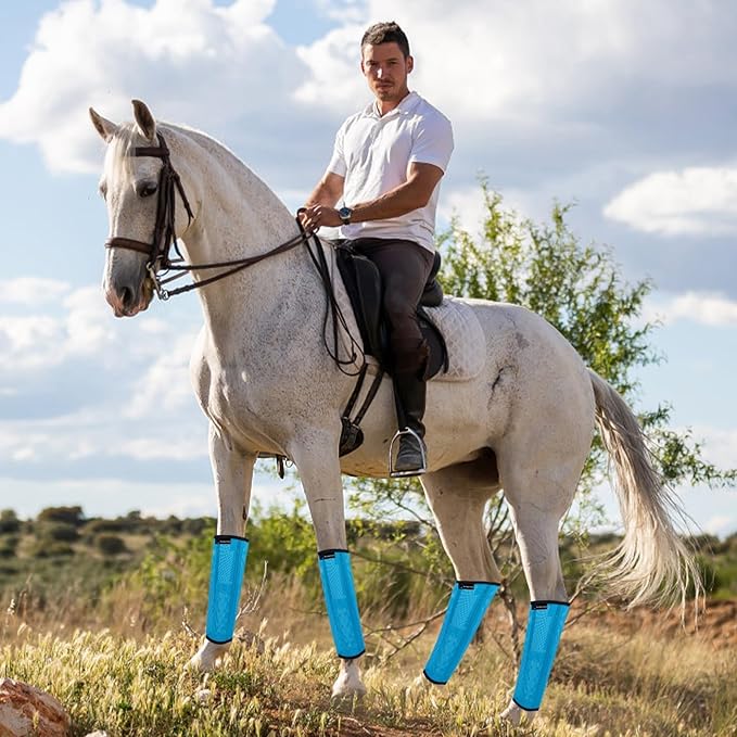 FOXLVDA Horse Fly Boots - Fly Boots for Horses Set of 4, Comfortable Horse Leggings, Mesh Material Design with Metal Support Bars for Reduces Stomping & Leg Fatigue (Blue, Medium)