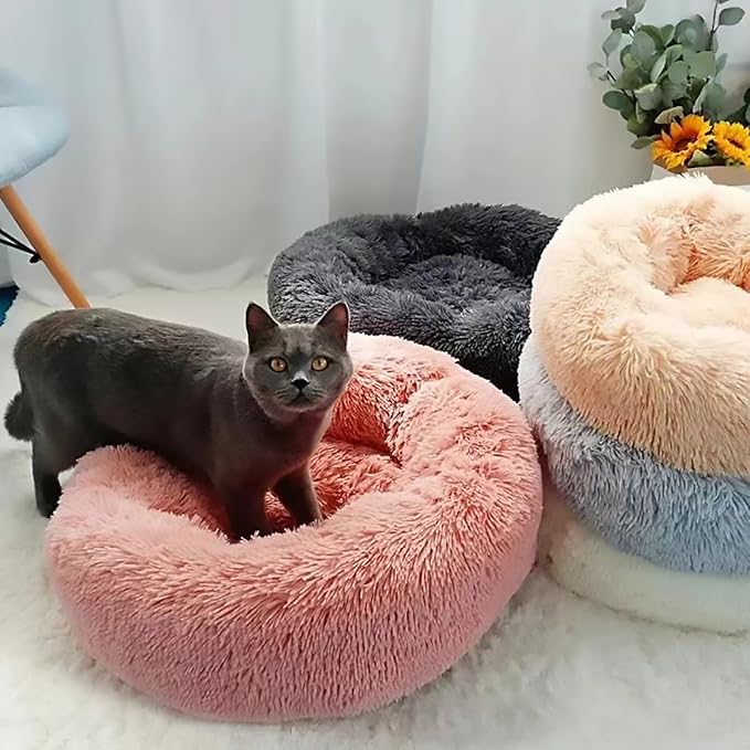 Calming Dog Bed for Small Dogs, Calming Donut Cuddler Pet Bed Anti Anxiety Round Dog Bed Fluffy Plush Faux Fur Cat Bed,Khaki,23.6IN