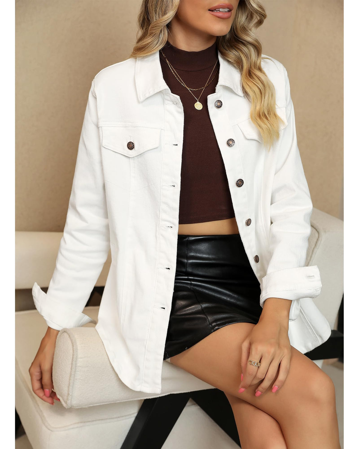 Luvamia Oversized White Denim Jacket for Women - Bomber Coat - Size Large