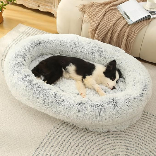 Glow Pups Calming Dog Bed with Memory Foam Nesting Bolster, Ultra-Soft Faux Fur, Removable Fur Cover, Non-Slip Base, Machine Washable, Suitable for All Dog Breeds, Light Grey (29.5" X 21.7" X 7")