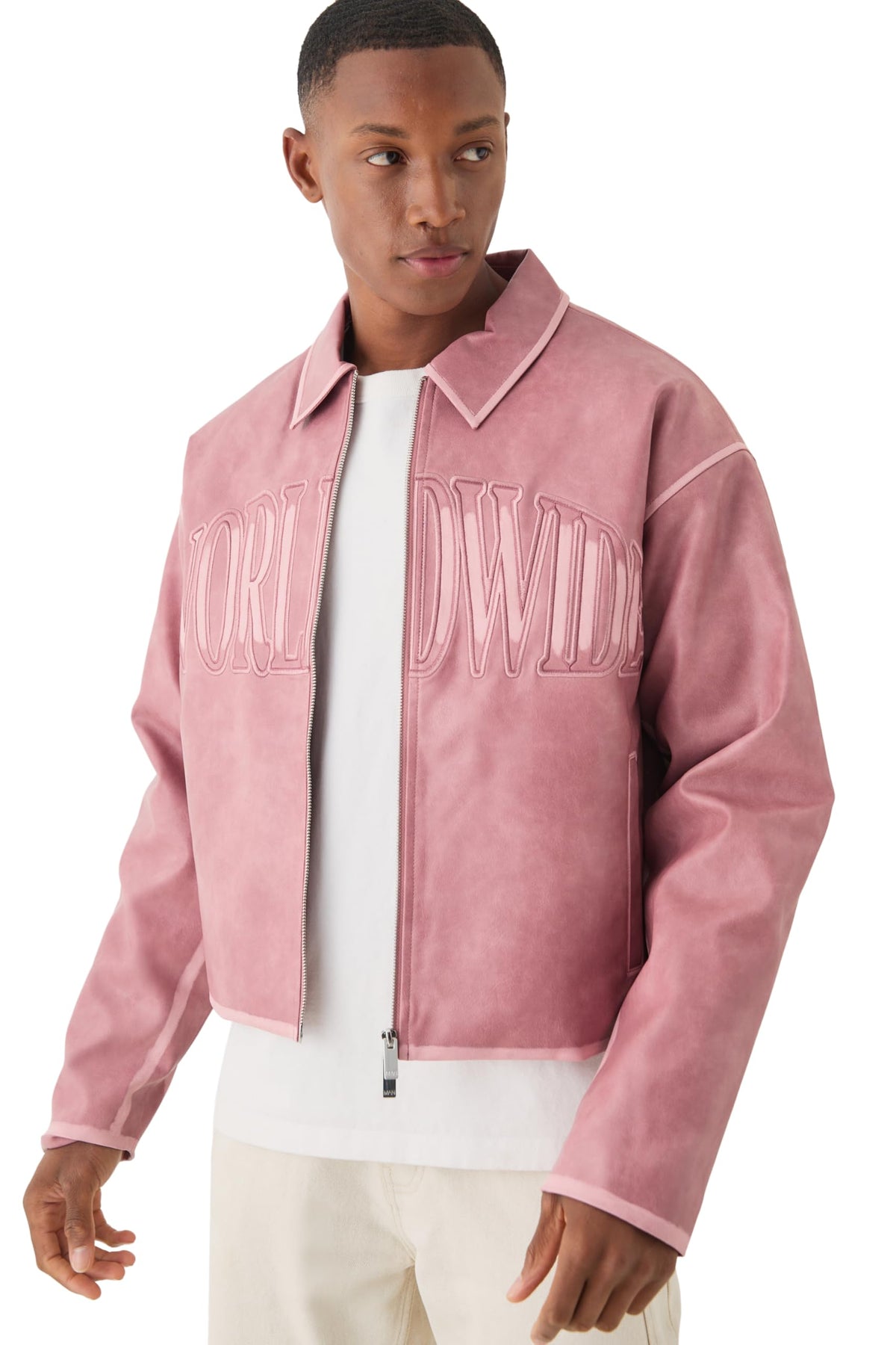 boohooMAN Boxy Tumble PU Applique Harrington Jacket In Pink