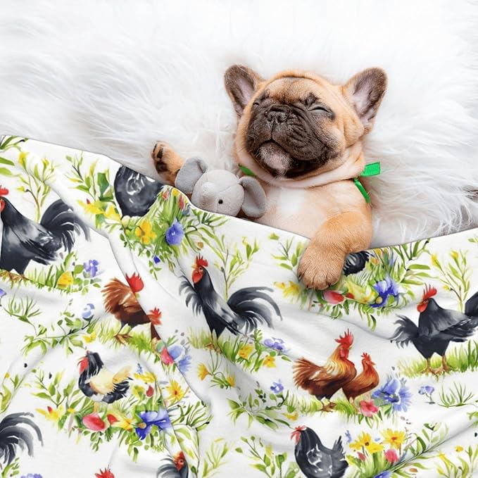 Reversible Dog Blanket for Beds Couches, Rooster Chicken Watercolor Flowers, Double Sided Cat Blanket with Textured Dot Feel and Smooth Feel for Seasonal Comfort All Year