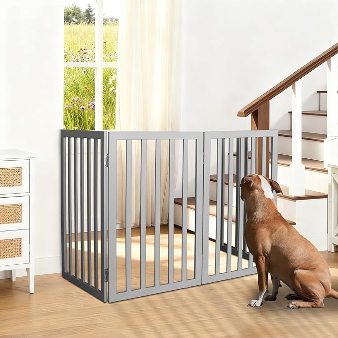 ZJSF Freestanding Indoor Dog Gate for House Foldable Wood Grey Puppy Gate for Doorways Pet Gate for Stairs Extra Wide Pet Fence 32" Height 2 Panels