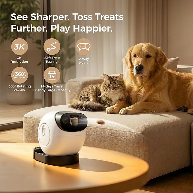 3K Pet Camera Treat Dispenser, 32ft Remote Tossing for Dogs & Cats – Reduces Separation Anxiety, 360° View, Security Indoor Cam w/Phone App, Barking Alerts, No Subscription, 2.4&5G WiFi