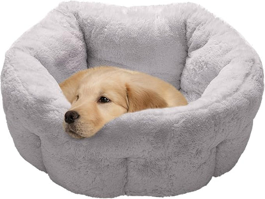 Furhaven 23" Round Self-Warming Pet Bed for Indoor Cats & Medium/Small Dogs, 100% Washable, For Pets Up to 45 lbs - Hi Lo Plush Luxe Faux Fur Cuddler - Gray, Medium