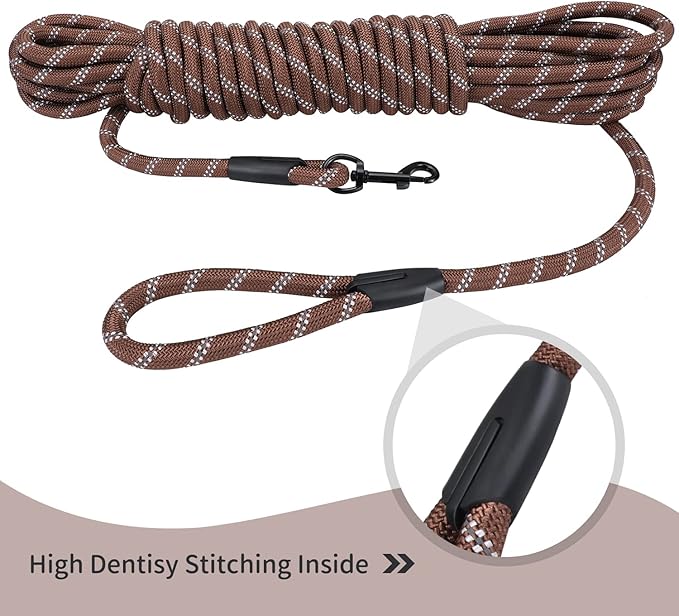 Long Dog Leash for Training 20Ft-Reflective Nylon Rope with Swivel Hook-Recall Agility Lead for Large Small Medium Dogs Outside Walking Hiking-Brown Diam 1/2"