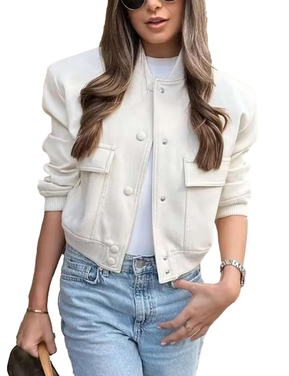 Megfie Womens Cropped Bomber Jacket Button Down Varsity Jackets Shackets with Pockets(0394-Beige-L)