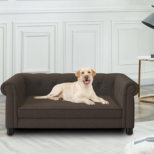 Elevated Rectangle Dog Sofa for Small & Medium Dogs - Comfortable Linen Fabric Dog Bed with Button Tufted Back, Durable Modern and Stylish Pet Bed for Living Room, Bedroom (Dark Brown)