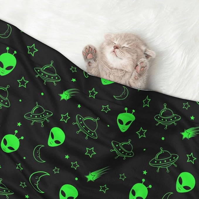 Pet Blanket for Couches and Beds, Green Alien Moon Spaceships Planet Black, Reversible Double Sided Plush Design with Soft Bumpy Texture and Smooth Surface, Furniture Protector