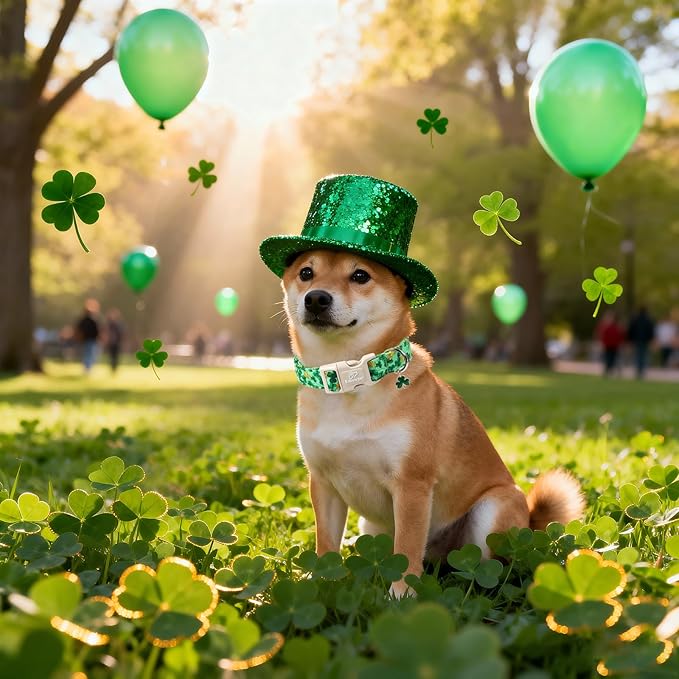 St. Patrick's Day Dog Collar for Large Dogs - Green Shamrock & Yellow Flower Print Dog Collars, Cute Irish Party Puppy Collar, Lightweight Adjustable St. Patricks Day Pet Collars XL