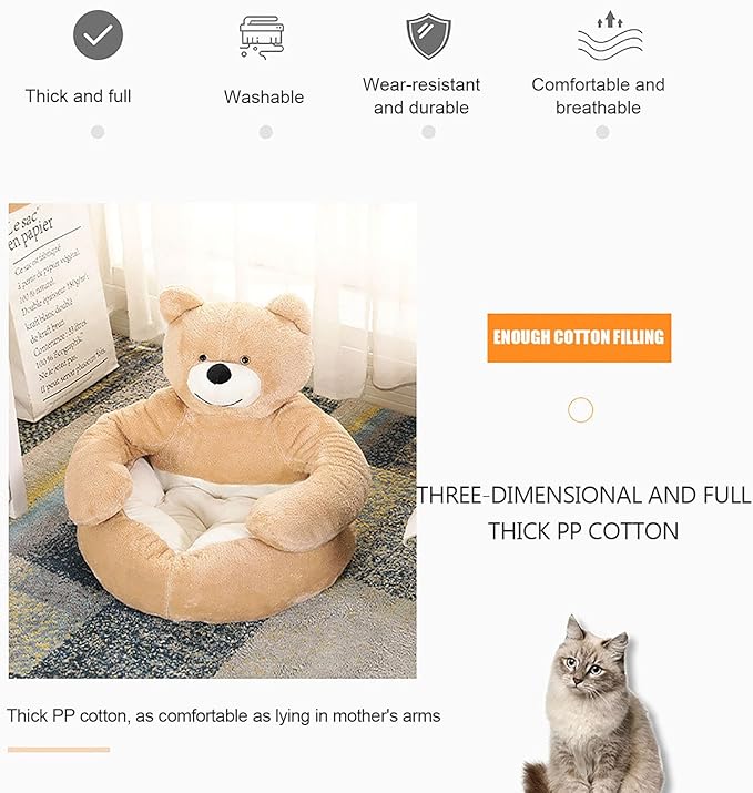 Dog Sofas & Chairs, pet Shape Sofa, Slip Resistant Dog cat Furniture, Adorable Bear Shaped Pet Sofa Bed, Washable Dog cat Couch, Plush Soft Couch for Dogs and Cats L(bottomDiameter55cm) Khaki+mat