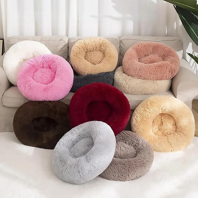 Calming Dog Bed for Small Dogs, Calming Donut Cuddler Pet Bed Anti Anxiety Round Dog Bed Fluffy Plush Faux Fur Cat Bed,Black+White,15.7IN