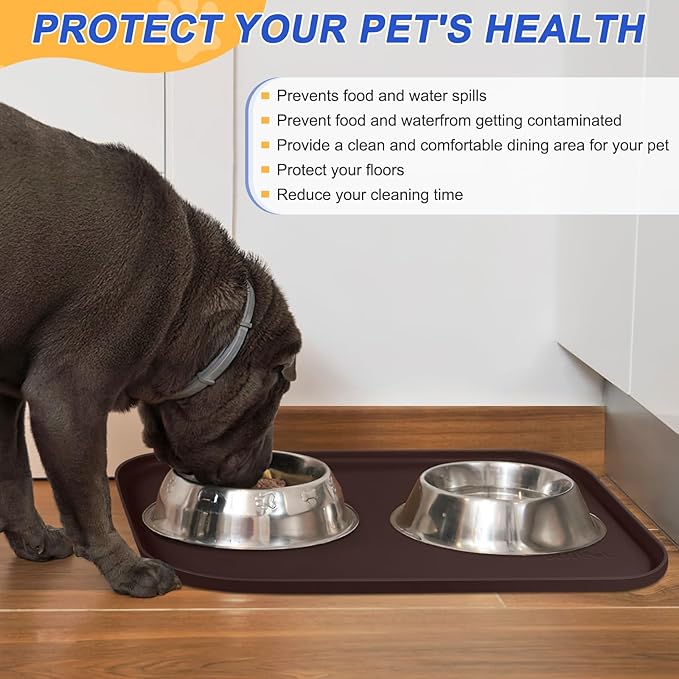 Silicone Pet Feeding Mat with Raised Edge for Food and Water, Dog Bowl Mats, Cat Bowls Placemat with High Lip for Floor Waterproof, Rubber Tray for Cats and Dogs 24 x 16 x0.8 Dark Brown