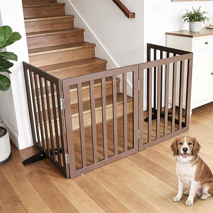 Dog Gate Indoor, Freestanding Dog Fence for The House, Doorways, Hallways,or Stairs,Pet Gate Foldable Wooden,Expandable 32" Height 3 Panels,Brown