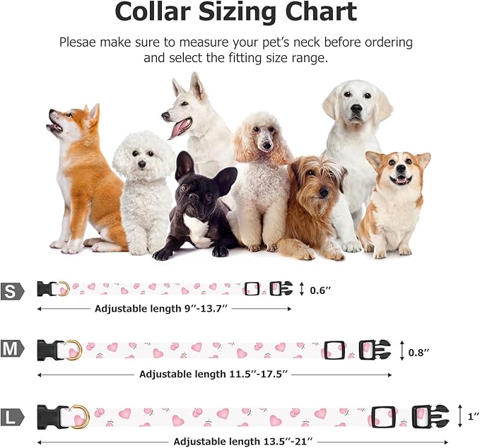 Cotton Handmade Dog Collar Cute and Distinctive Patterns White and Pink Love Heart with Pendant for Girl Boy Dogs Collars L