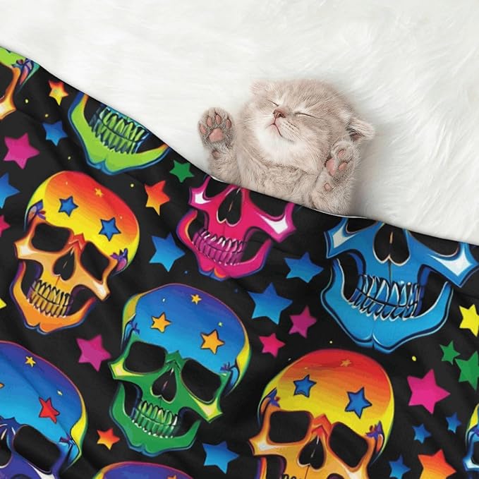 Pet Blanket for Travel and Home, Colorful Stars Neon Skulls, Reversible Plush Dot Design with Soft Grip Texture on One Side Perfect for Car Seats Moving Vehicles