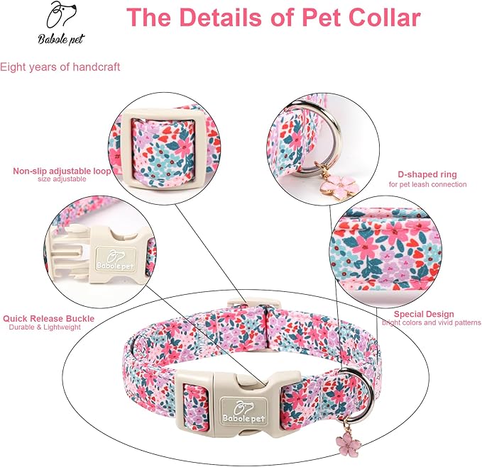 Floral Dog Collar, Cute Girl Dog Collars - Pastel Wildflowers Pattern Spring Summer Puppy Collar, Adjustable Female Dog Collars for Small Medium Large Dogs S