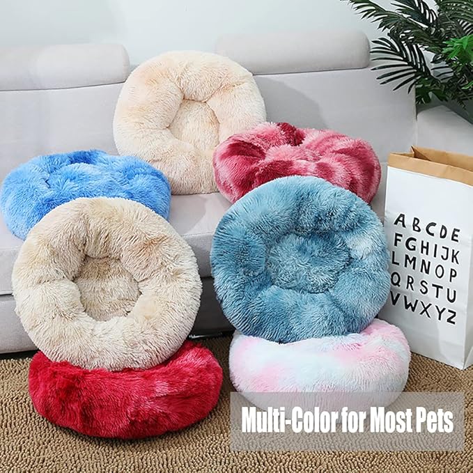 Calming Faux Fur Dog Beds Calming Donut Cuddler Dog Bed Washable Round Cat Bed Pillow Cuddler Fluffy Indoor Dog Calming Beds with Anti Slip Bottom Solid Color Beige 20 Inch