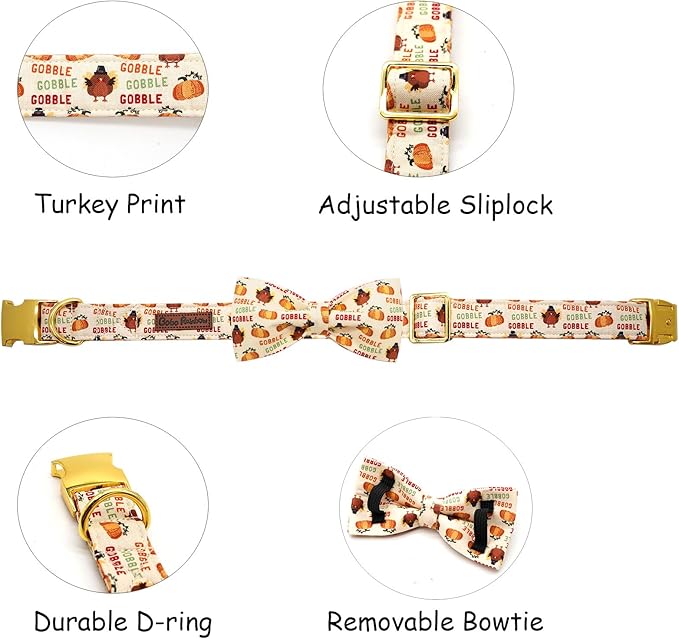 Dog Collar, Thanksgiving Turkey Pet Collar Bow Holiday Girl Boy Bow Dog Collars Puppy Collar Adjustable for X-Small Dogs
