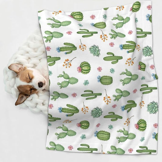 Double Sided Pet Throw for Dogs Who Shed, Watercolor Elements Succulent Plants Cactus, Reversible Blanket with Nubby Dot Side Catches Loose Fur for Easier Furniture Cleanup