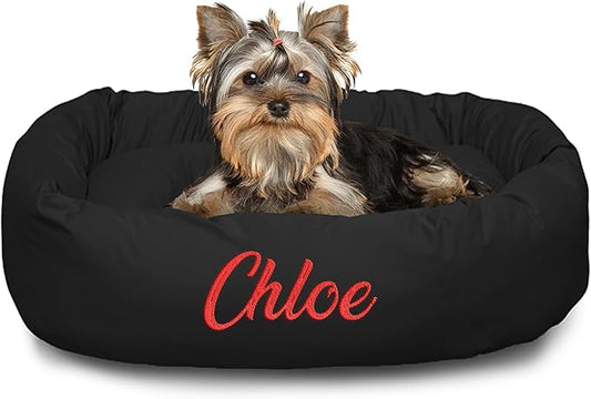 Majestic Pet Personalized 24 Inch Bagel Calming Bed - Washable Cozy Soft Round With Spine Support for Dogs to Rest Their Head - Fluffy Donut 24x19x7 (Inch) - Small - Black
