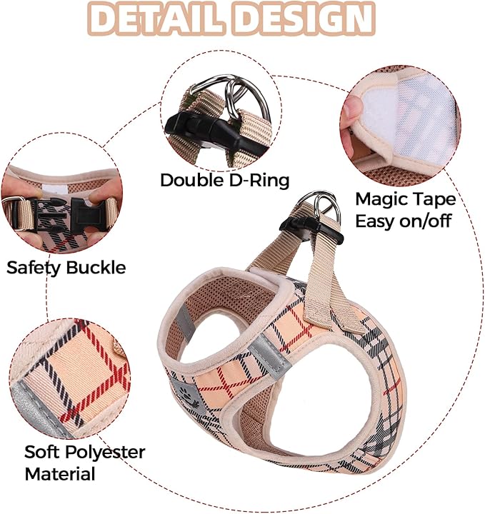 PAWCHIE Dog Harness and Leash Set, Step in No Pull Soft Pet Harness, Reflective Adjustable Puppy Vest for Small Medium Dogs Cats, No Choke Harness Vest with Poop Bag Holder for Walking,Running,Beige S